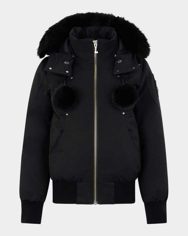 Debbie Bomber Jacket with Detachable Hood, Shearling Trim, & Pom Poms